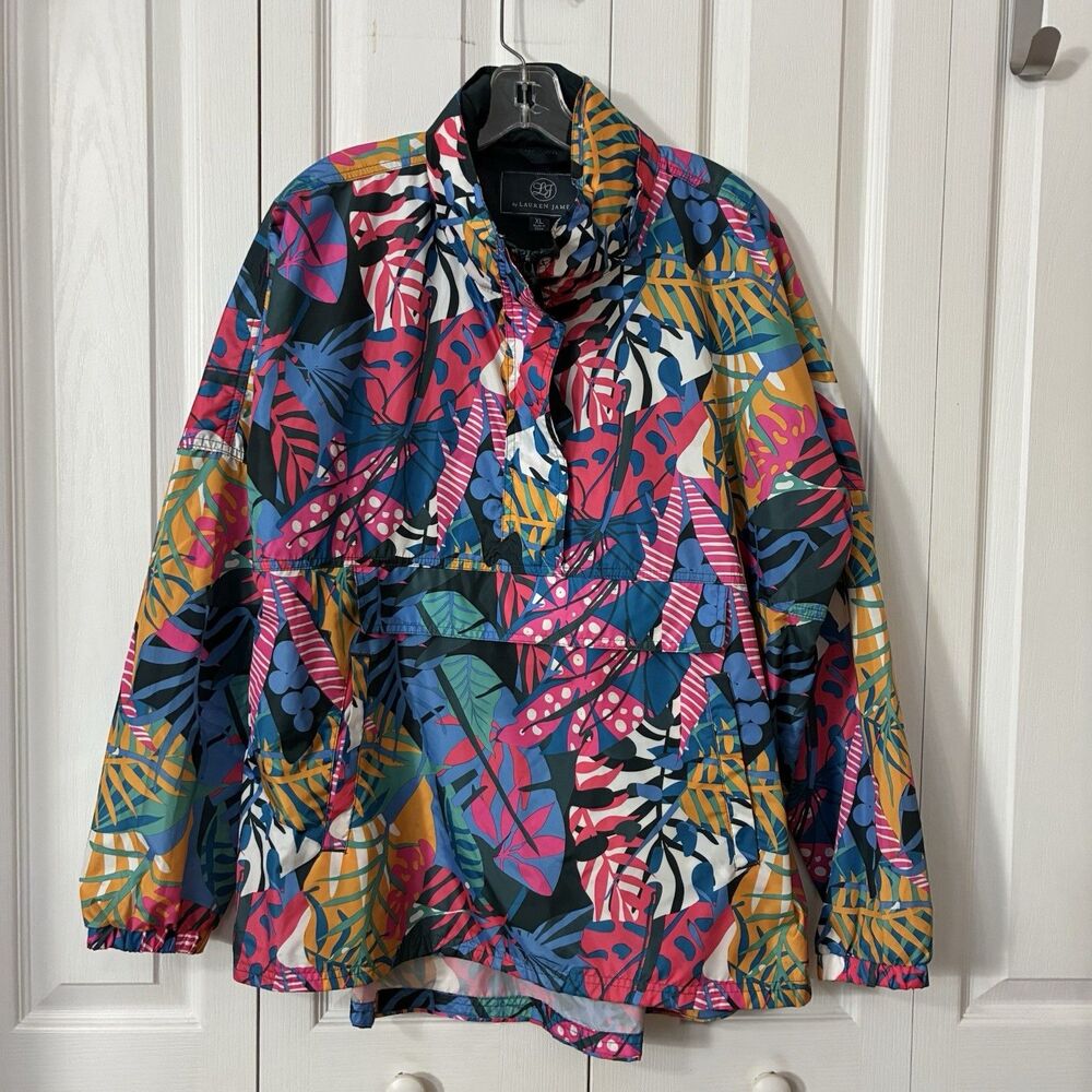 LJ by Lauren James Sz XL Colorful Floral Pullover Wind Rain Hooded Jacket - Picture 8 of 12